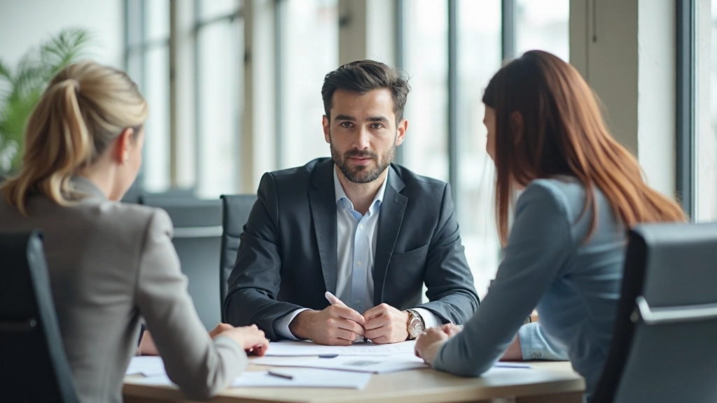 Профессиональная команда финансистов проводит совещание в современном офисе, обсуждая стратегию управления компанией