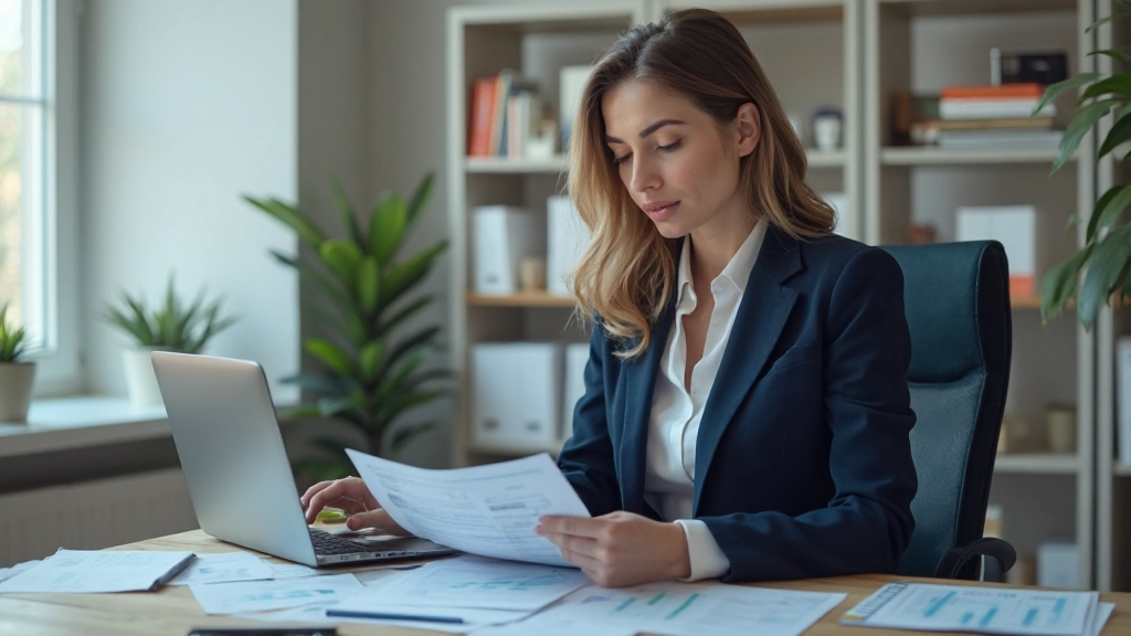 Бухгалтер работает с финансовыми документами на рабочем столе