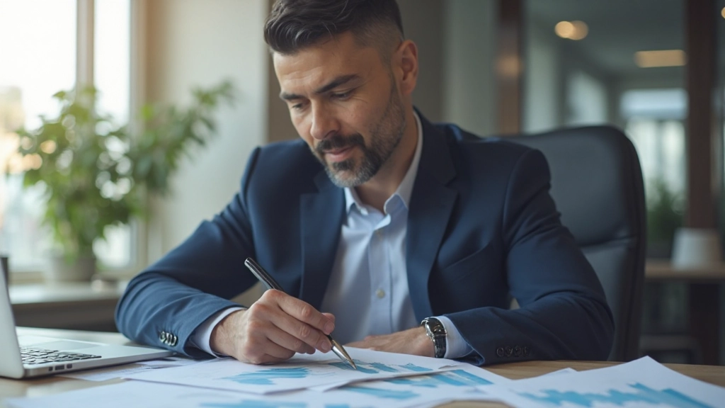 Финансовый консультант анализирует налоговые отчеты на современном рабочем столе