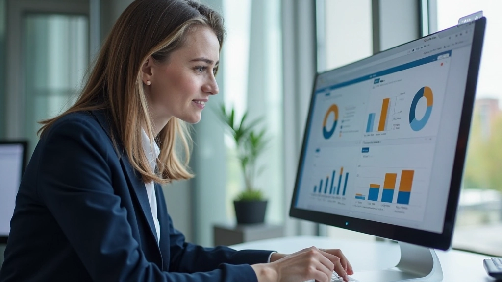 Профессиональный финансовый консультант работает с отчетами и графиками на современном компьютере в офисе